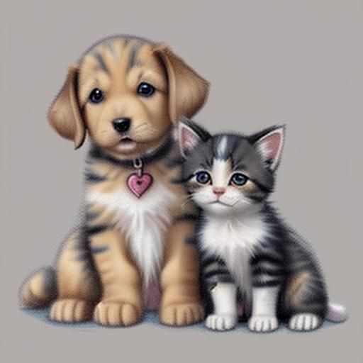 Cute Puppy and Kitten Sketch