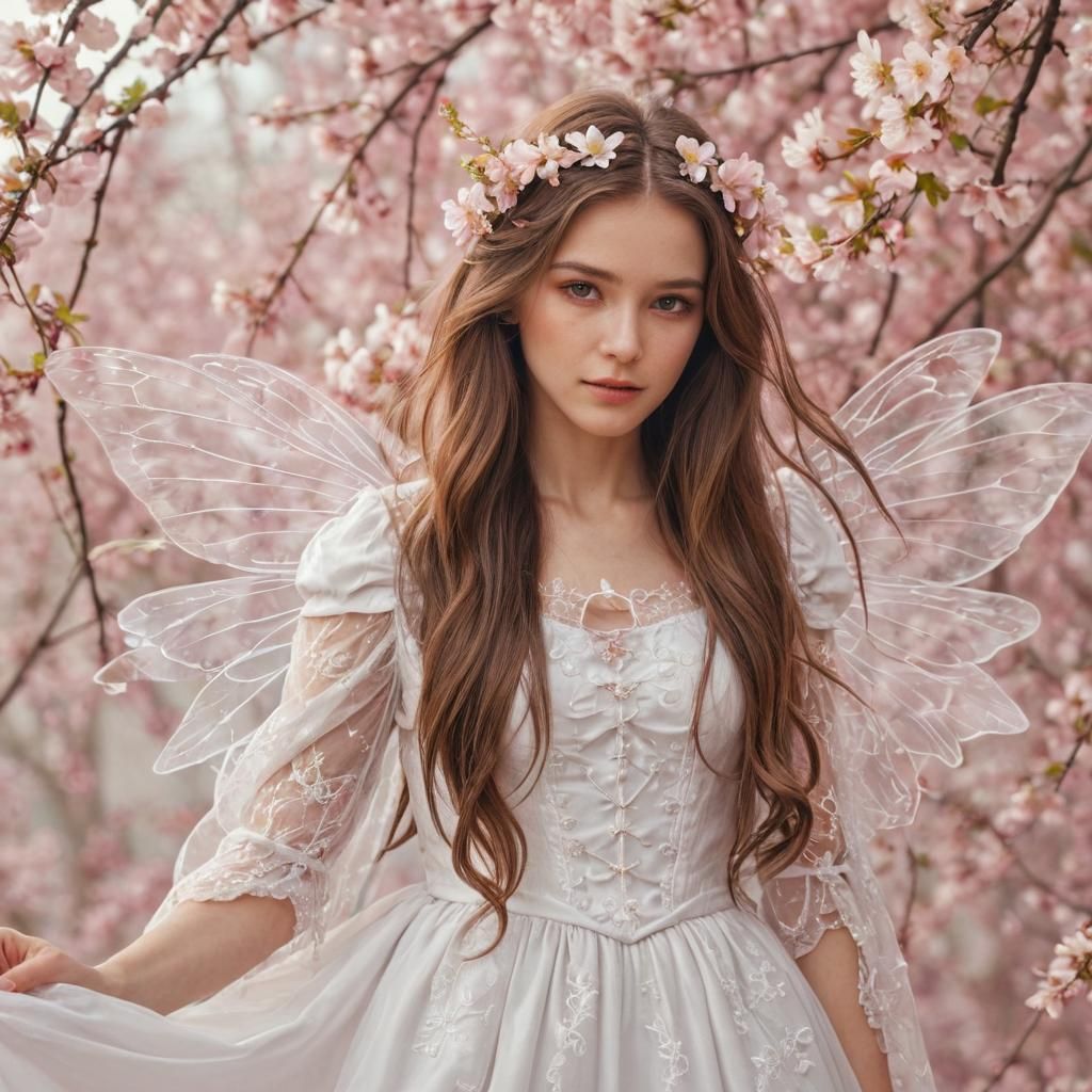 Fairy Woman in Medieval Dress with Floral Background
