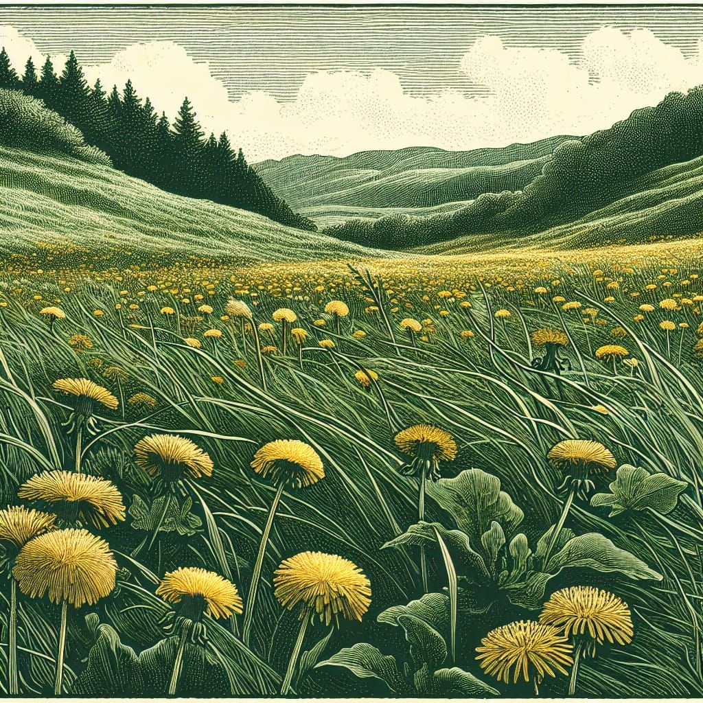 Peaceful Woodland Meadow in Vibrant Wood Engraving