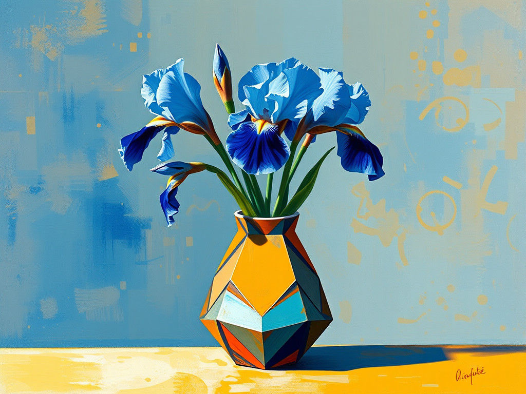 Blue Iris Still Life in Retrofuturist Oil Painting