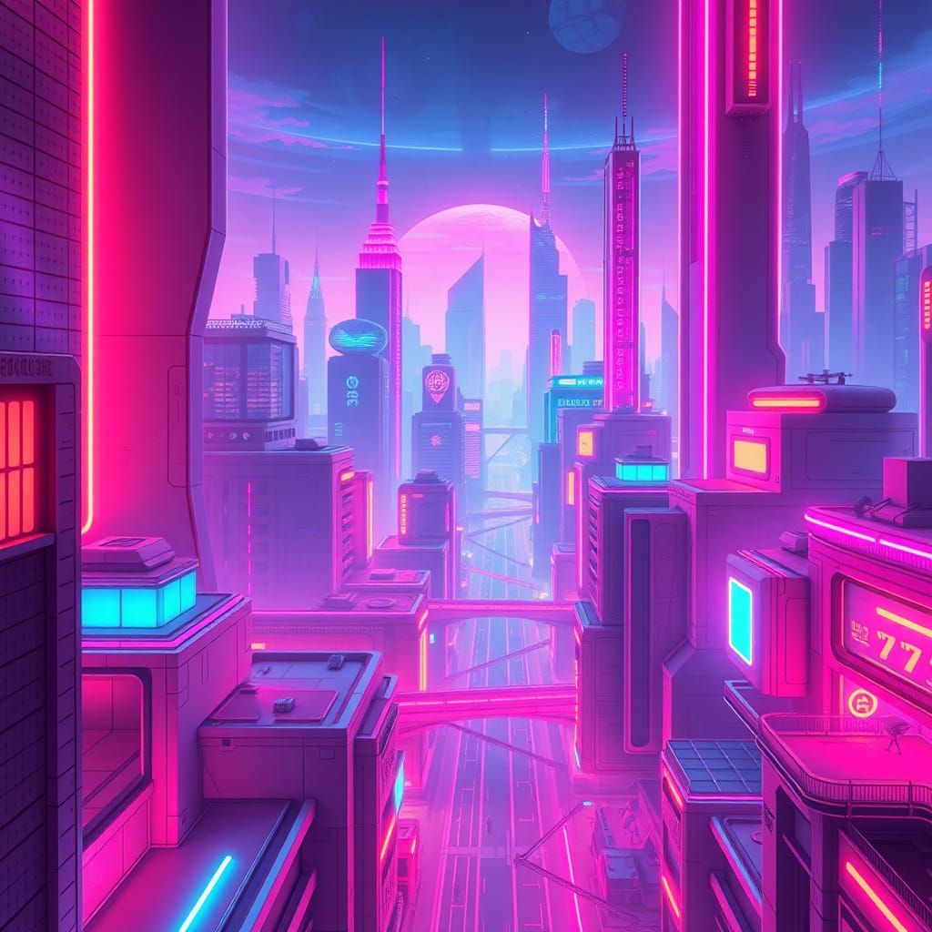 Neon Cityscape in Retro-Futuristic Cyberpunk Style