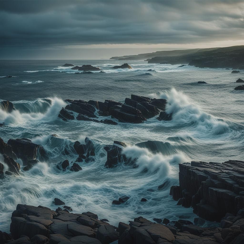 Dramatic Rocky Beach and Turbulent Ocean at Sunset