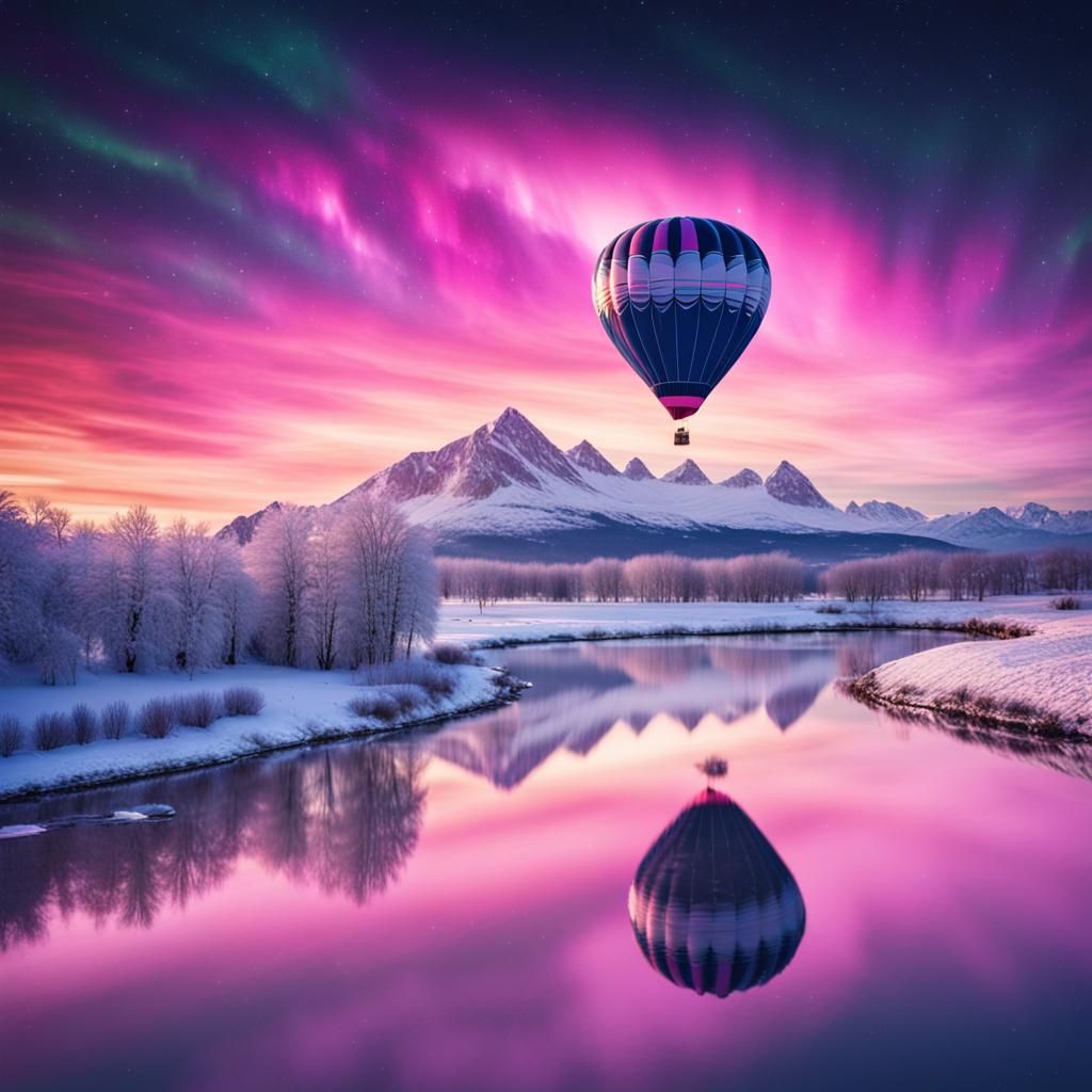 Pink Hot Air Balloon Above Aurora Winter Scene