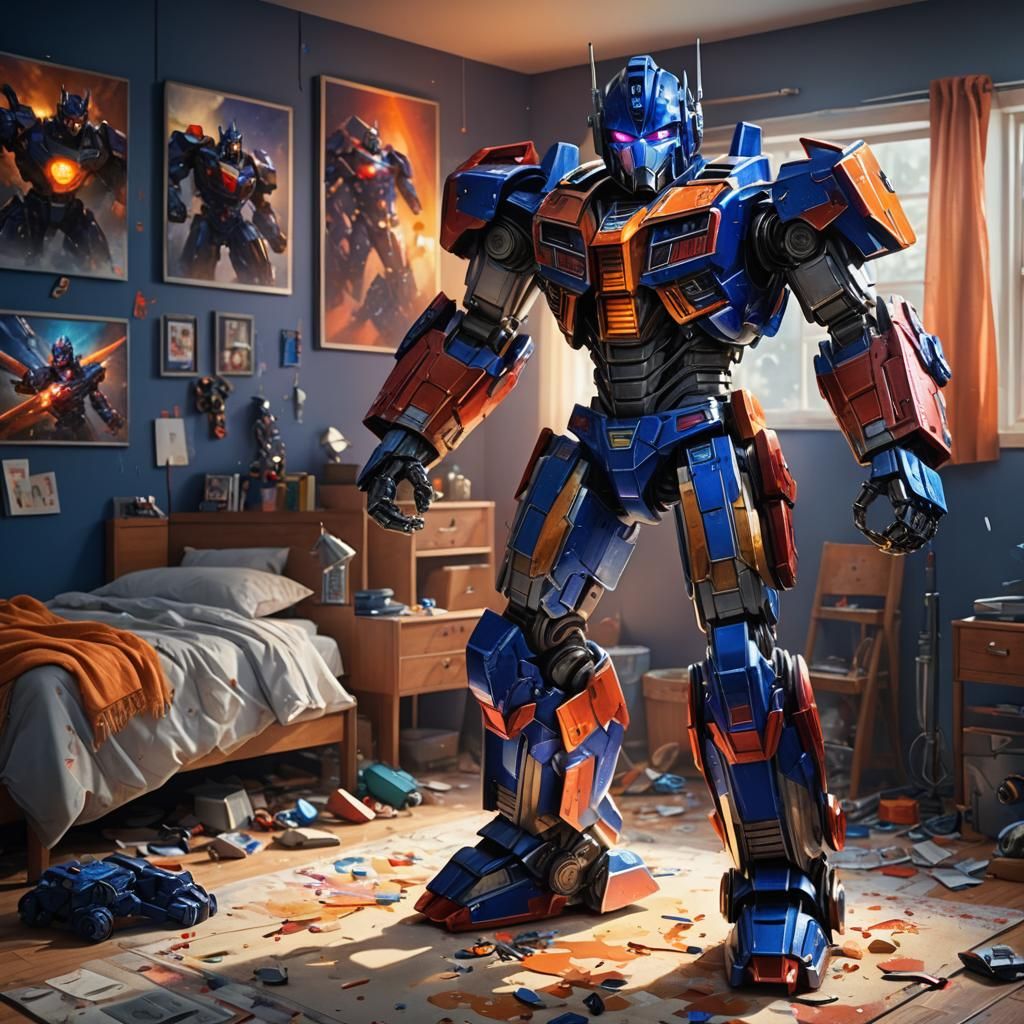 Boy in Optimus Prime Costume, Hyper-Realistic Splash Art