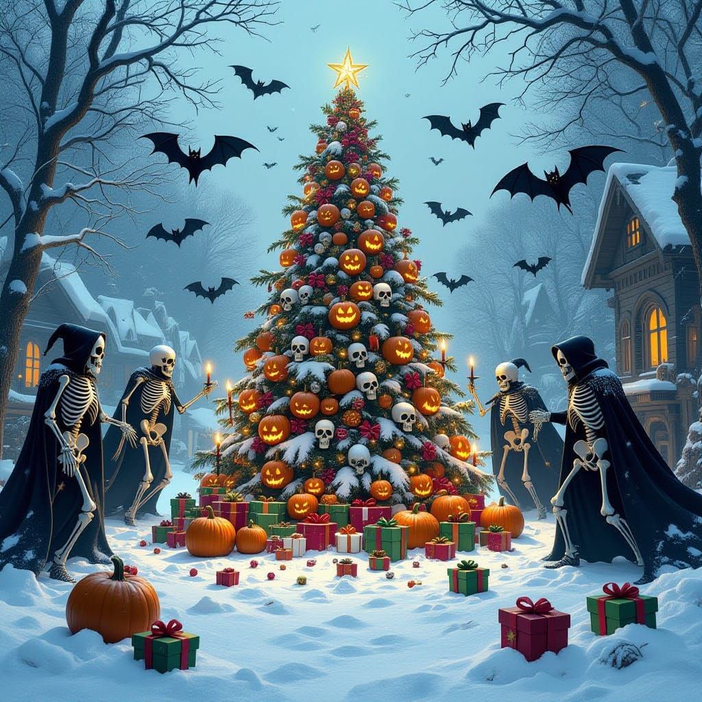 Gothic Christmas Spirit with Skeletons and Pumpkins