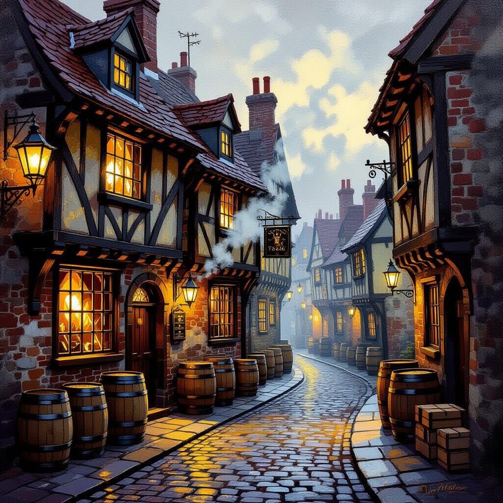Old English Tavern in Cobblestone Alley, Acrylic & Gouache