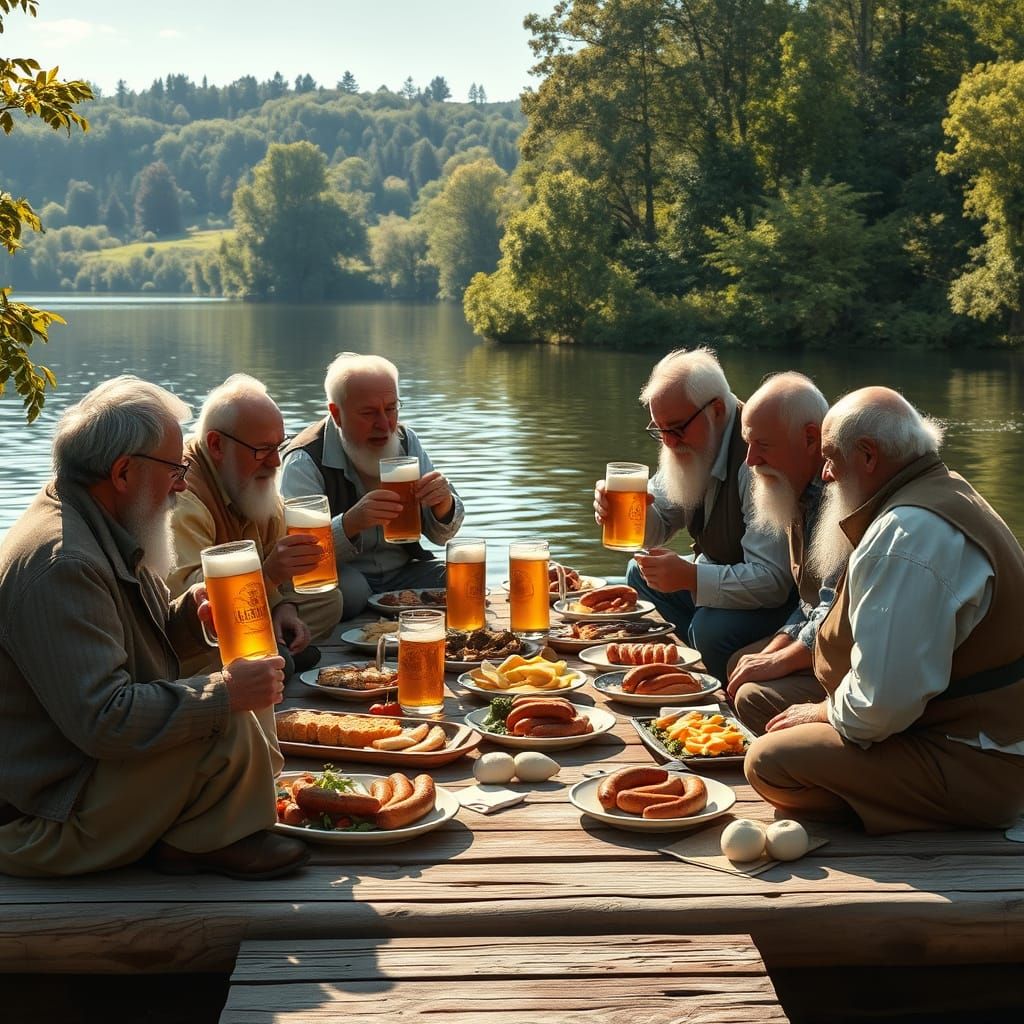 Elderly Gentlemen Enjoying a Traditional German Feast