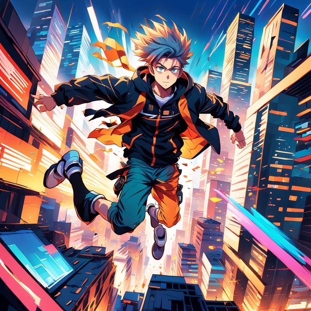 Anime Boy Leaps from Building in Action Scene