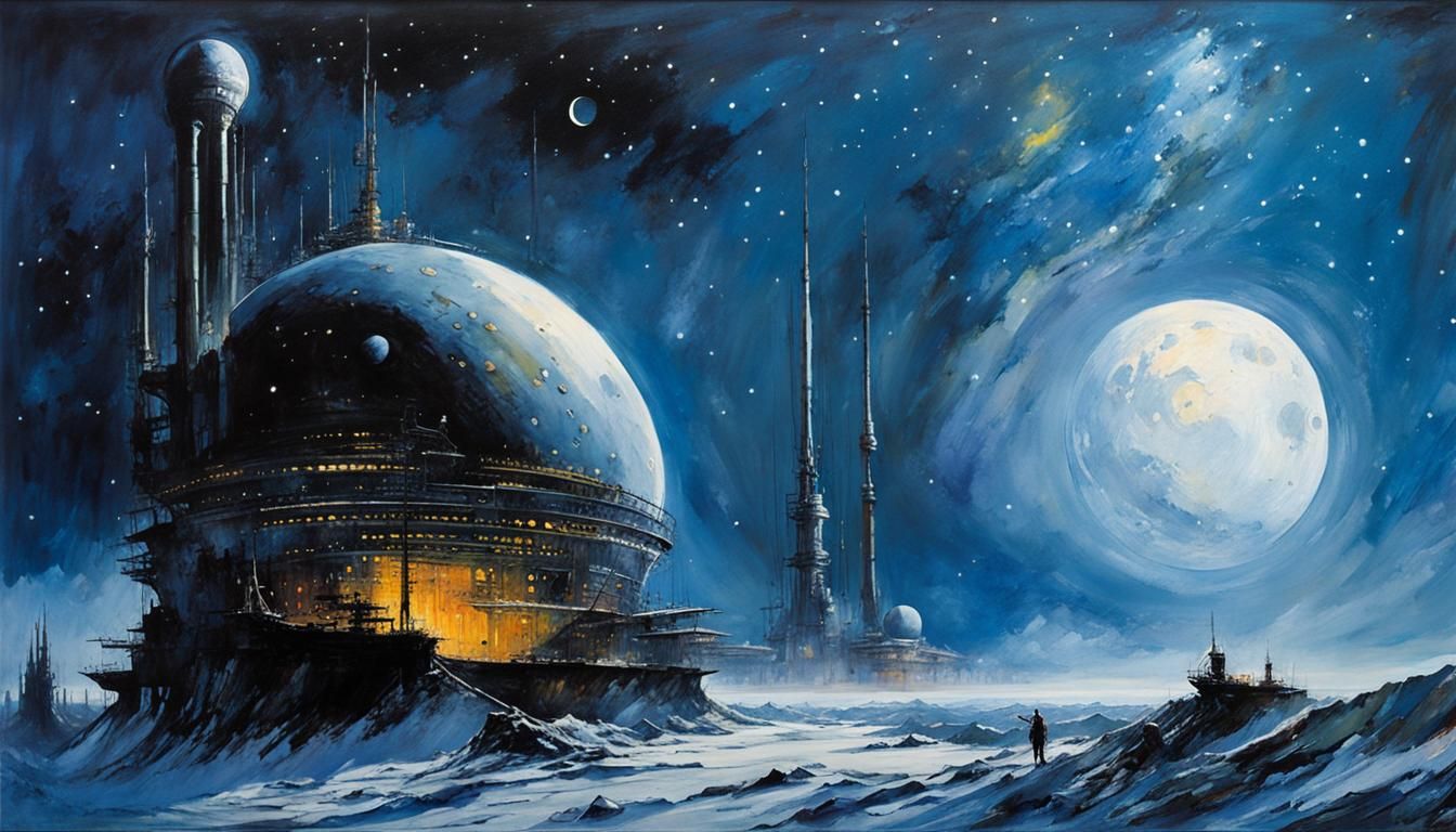 Futuristic Outpost Under Starry Sky, Encaustic Painting