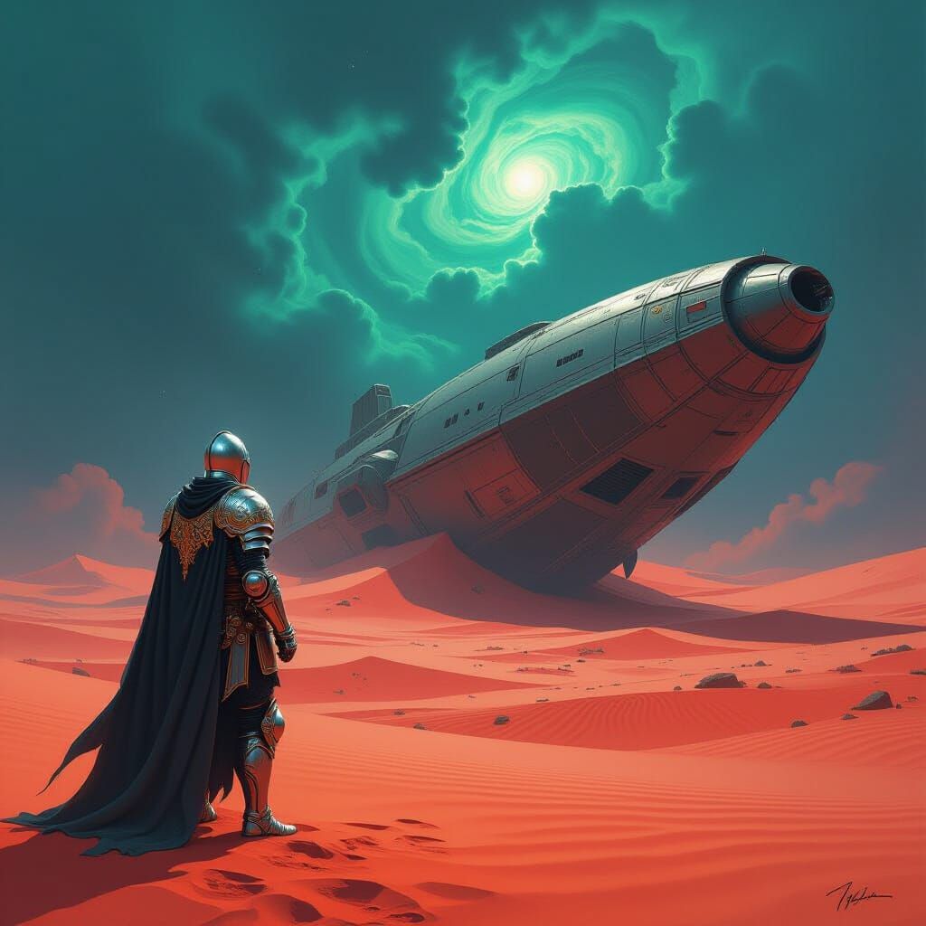 Knight on Alien World Views Giant Spaceship Wreck