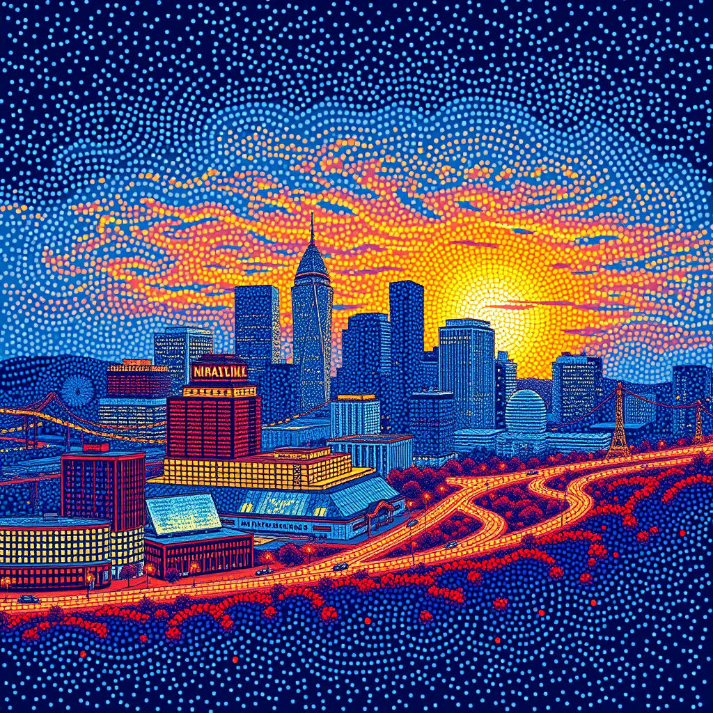 Nashville Sunset Skyline in Pointillist Polka Dot Style
