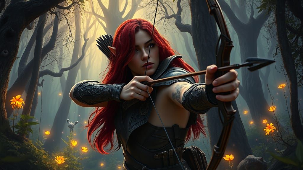Elven Archer in Enchanted Dark Fantasy Landscape