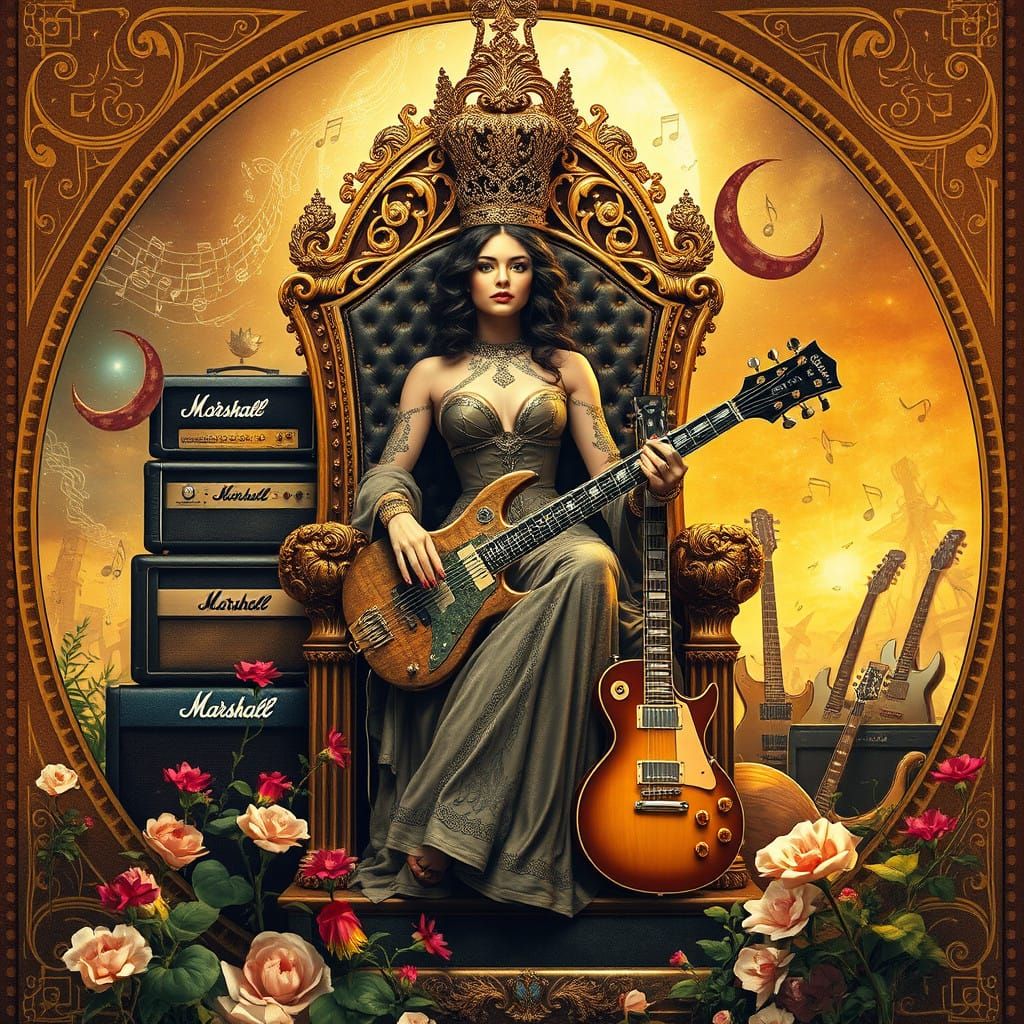 Heavy Metal Empress Seated on Amplifier Throne in Dreamlike...