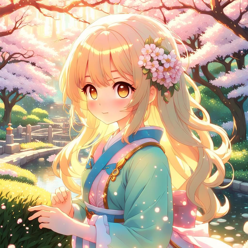 Cute Anime Girl in Garden: 3D Pastel Art