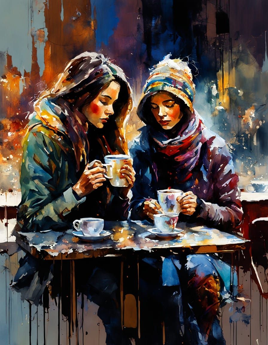 Watercolor Portrait of Elegant Ladies in Cozy Coffeeshop
