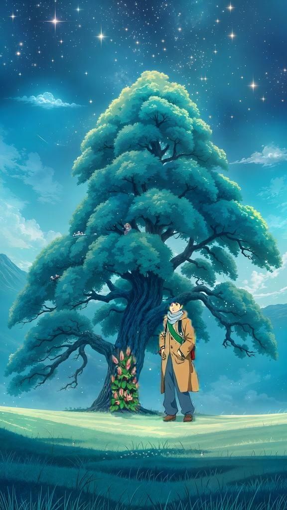 Anime Tree Wallpaper in Miyazaki Style, 8K