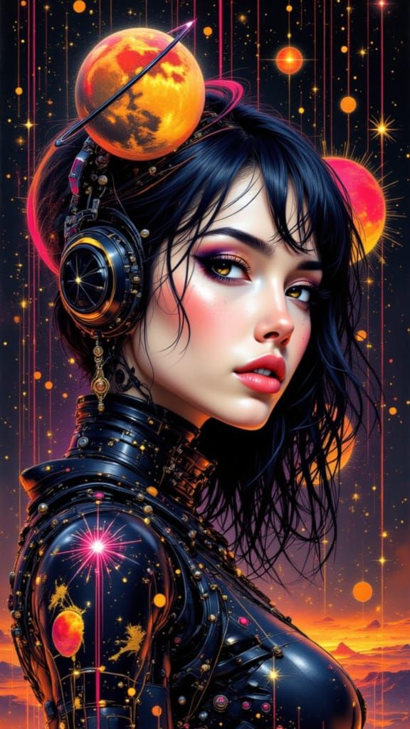 Beautiful Cyberpunk Cyborg with Planetary Grid Backdrop