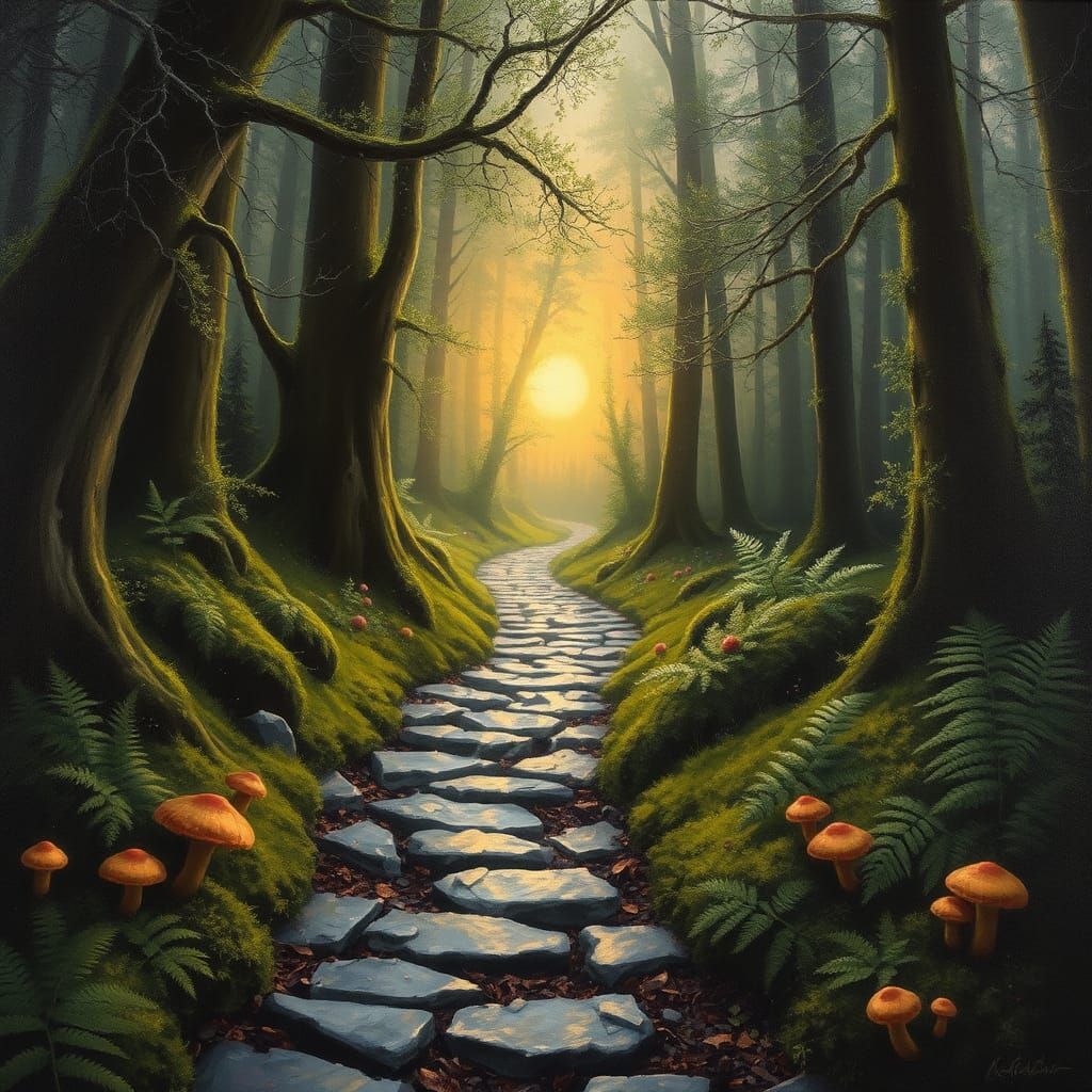 Mossy Forest Path at Sunrise: Oil Painting