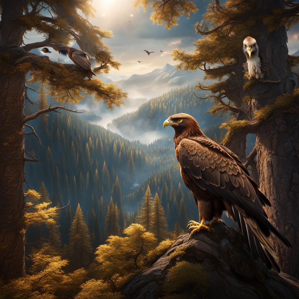 Golden Eagles Hunting From Treetops: Detailed Matte Painting