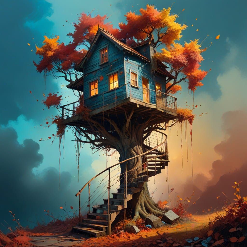 Autumnal Abandoned Treehouse in Moody, Expressive Digital Ar...