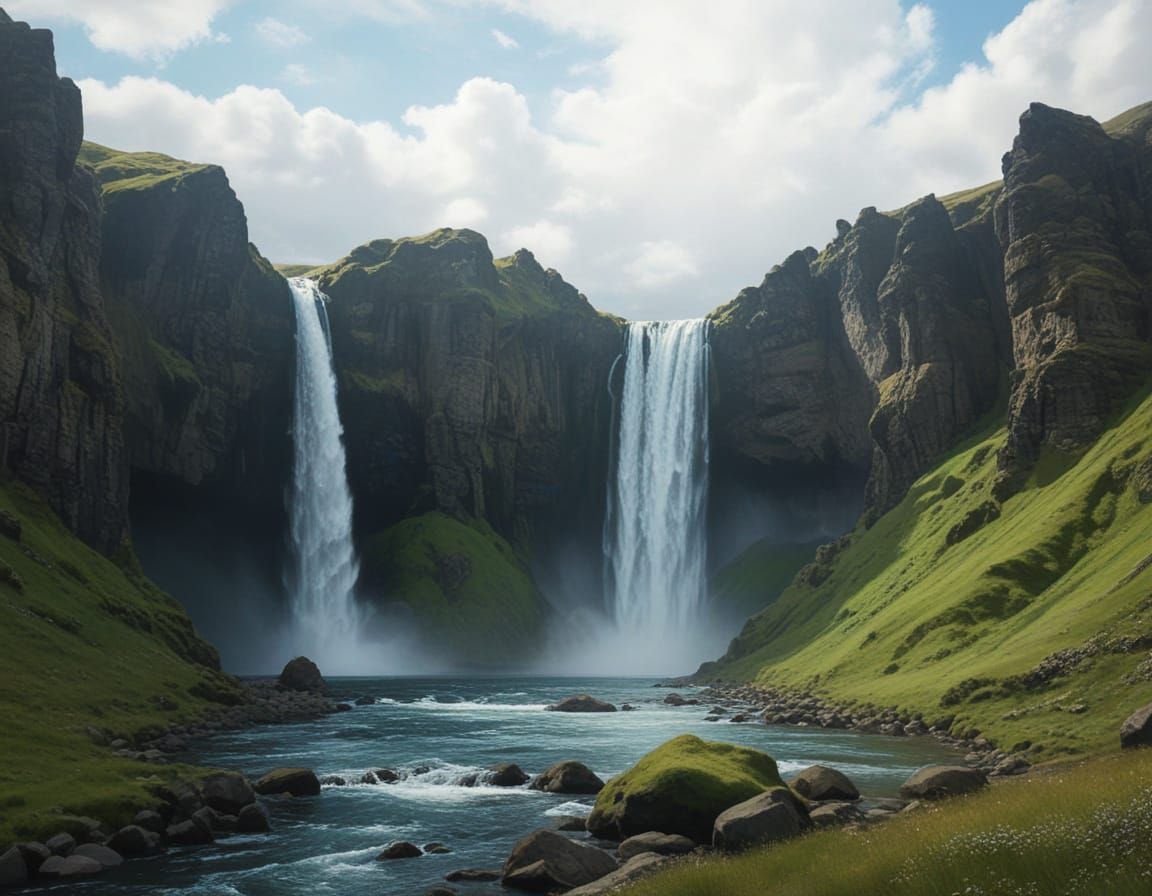 Majestic Icelandic Waterfall in Emerald Paradise