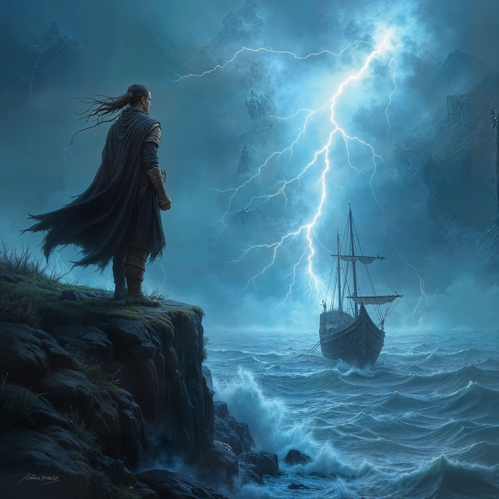 Celtic Warrior Awaits Arrival in Dark Fantasy Style