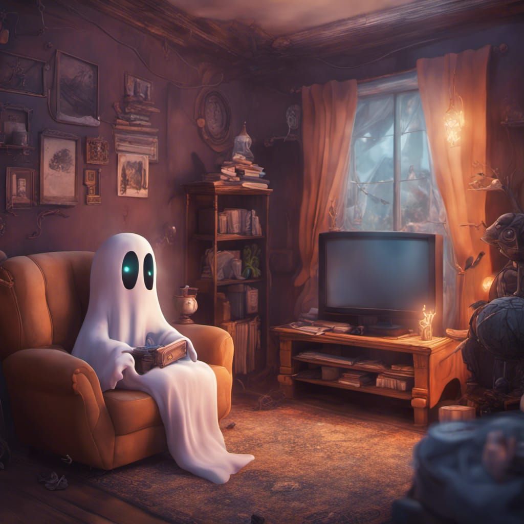 Cute Ghost Watches TV: Detailed Fantasy Art
