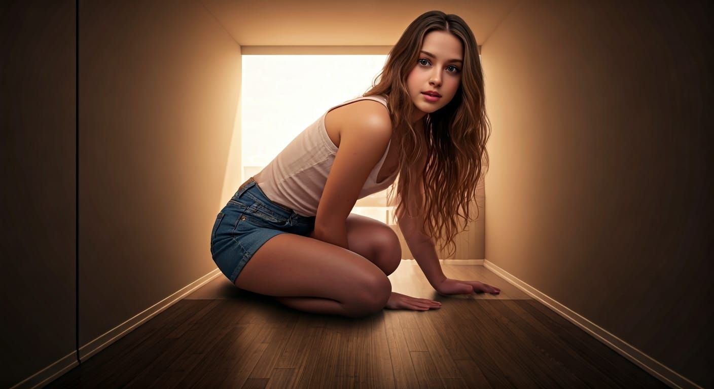 Giant Girl Squeezed into Tiny Room