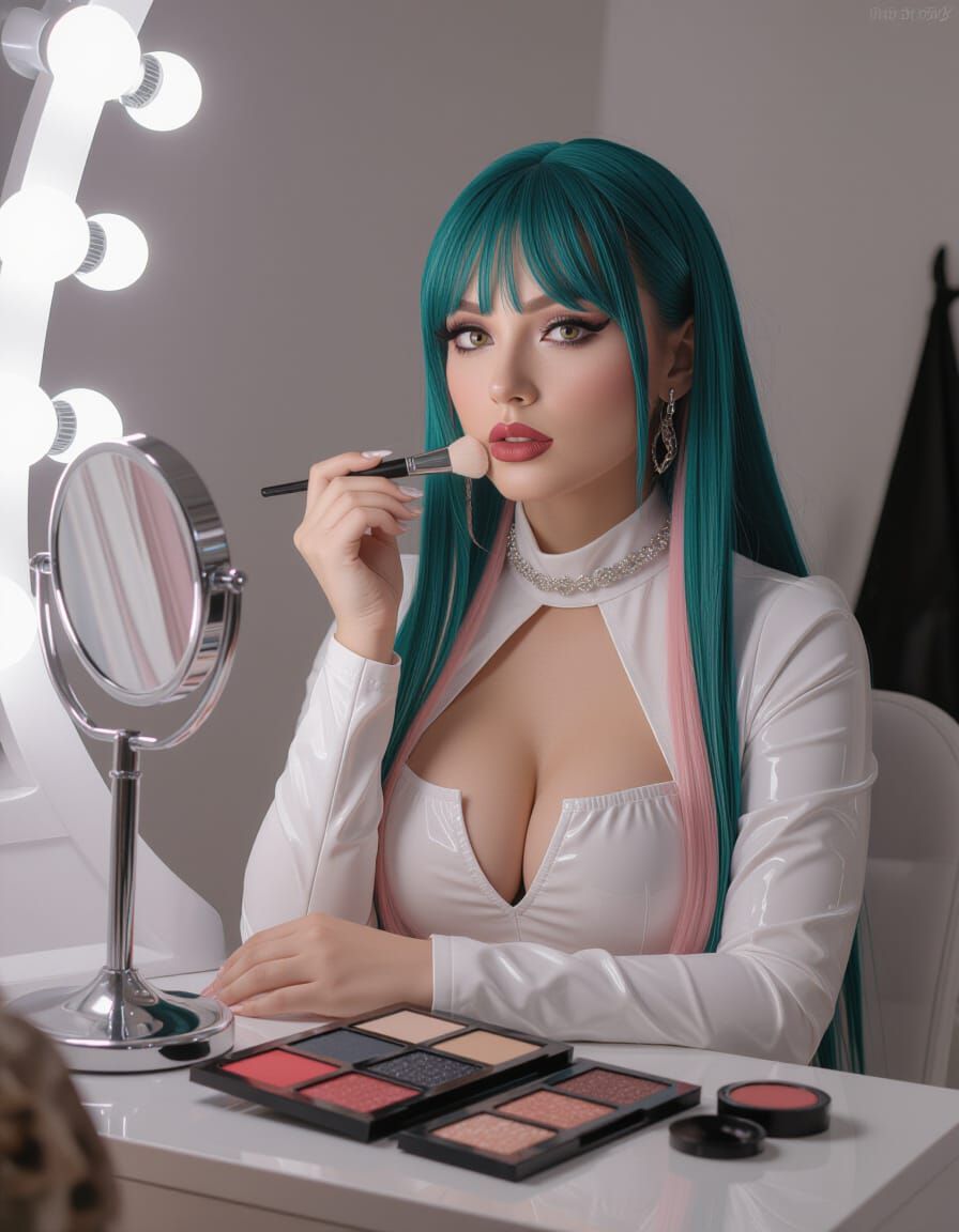 Teal and Pink Haired Woman Applying Makeup