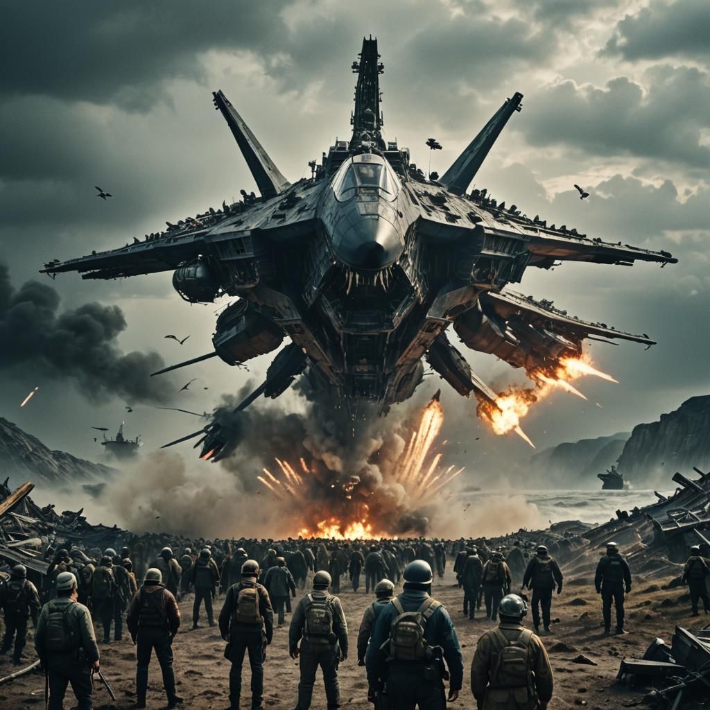 Dramatic War Scene with Cargo Ship, Cinematic Film Still