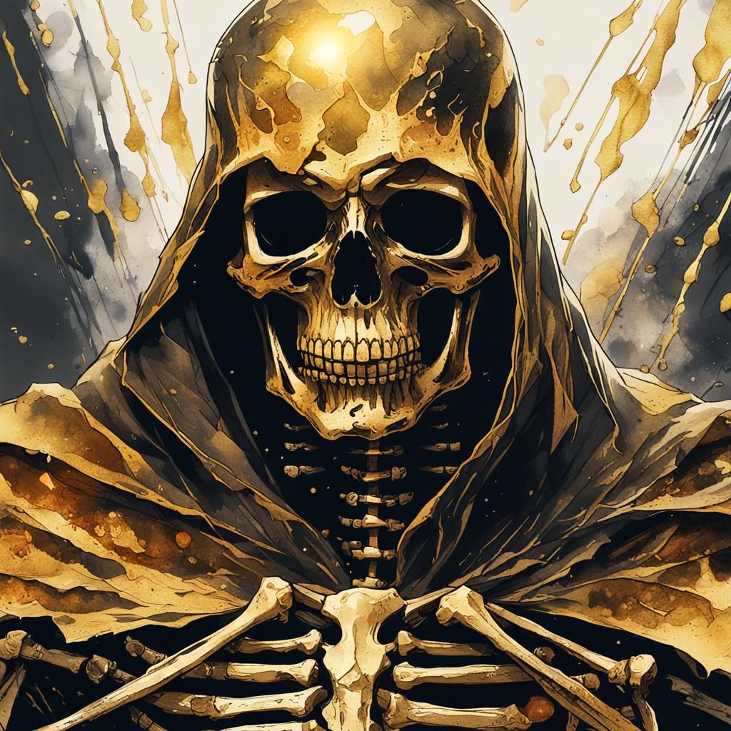 Heroic Golden Skeleton Portrait in Watercolor Style