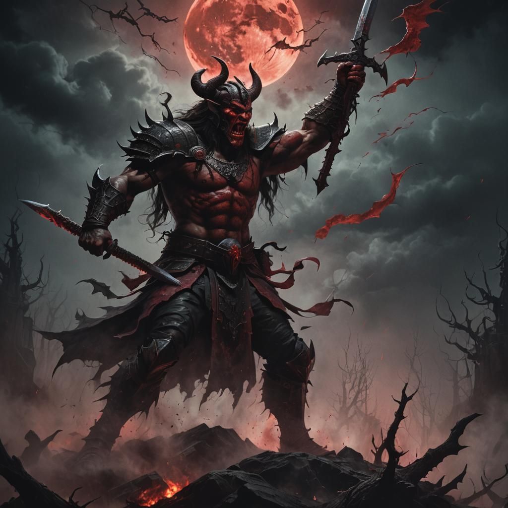 Demonic Warlord Battles Under Blood Moon in Dark Fantasy