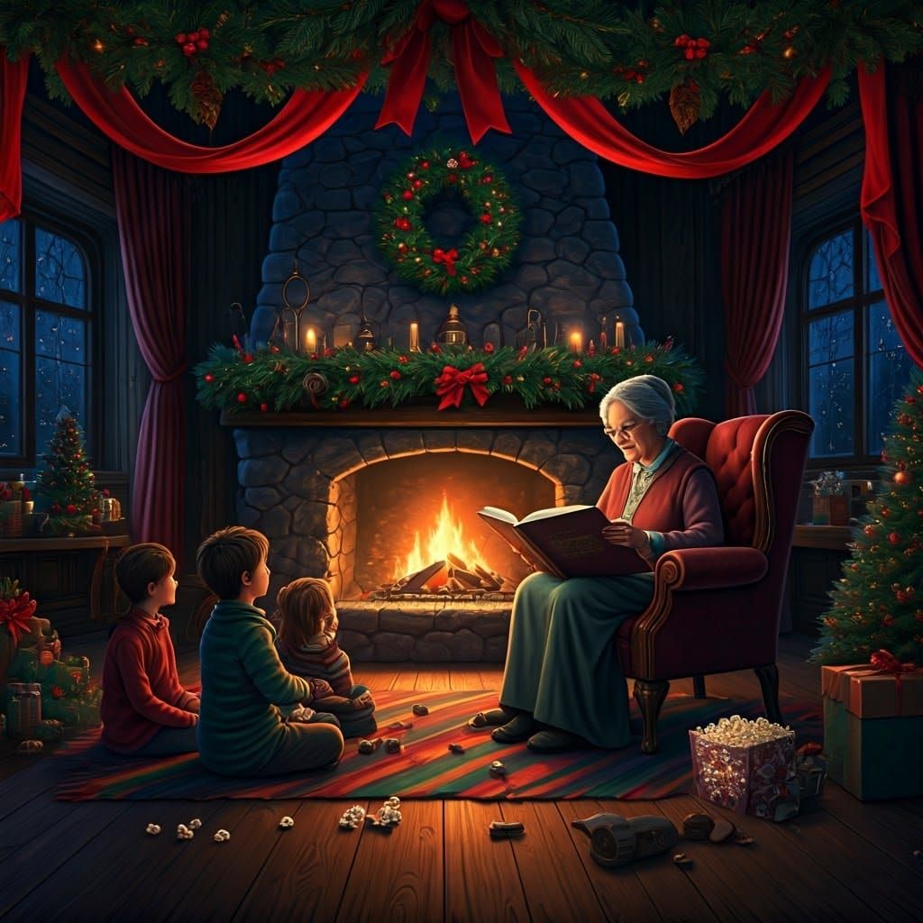 Cozy Christmas Scene with Grandmother and Children