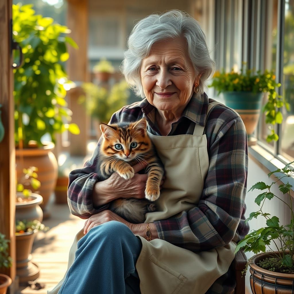 Warm Whimsical Elderly Woman on Rustic Porch
