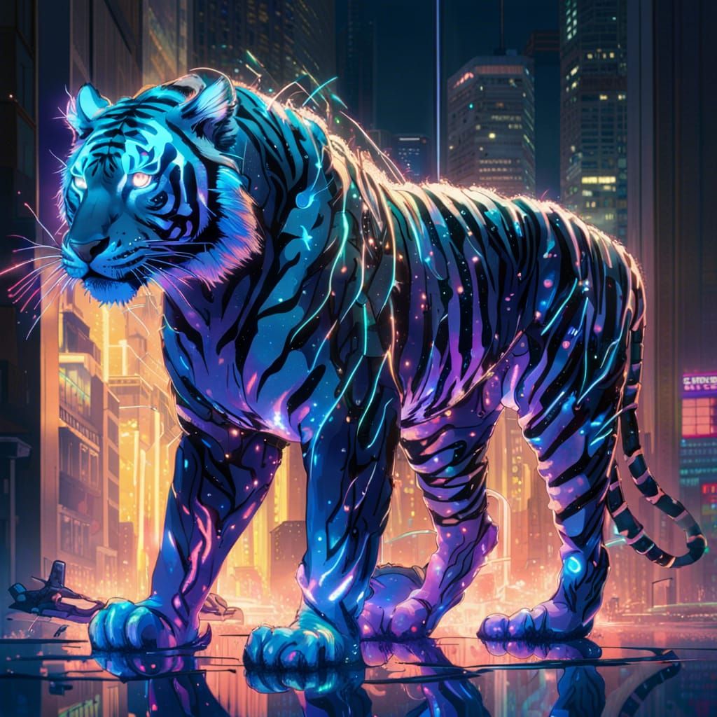 Bioluminescent Tiger in Cyberpunk Metropolis