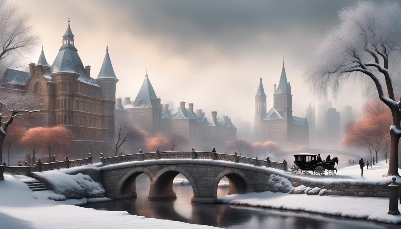 Snowy Park Scene with Carriage and Stone Bridge