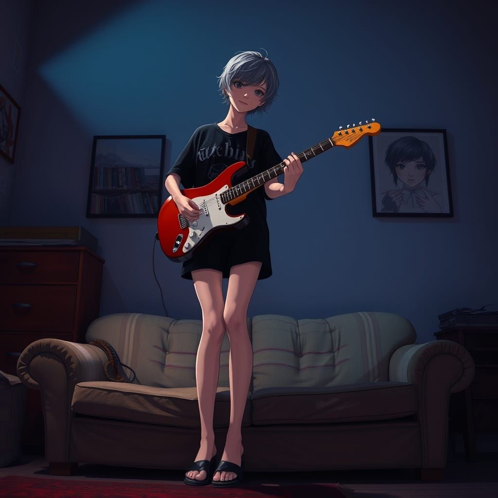 Gothic Emo Woman in Autumn Attire with Guitar