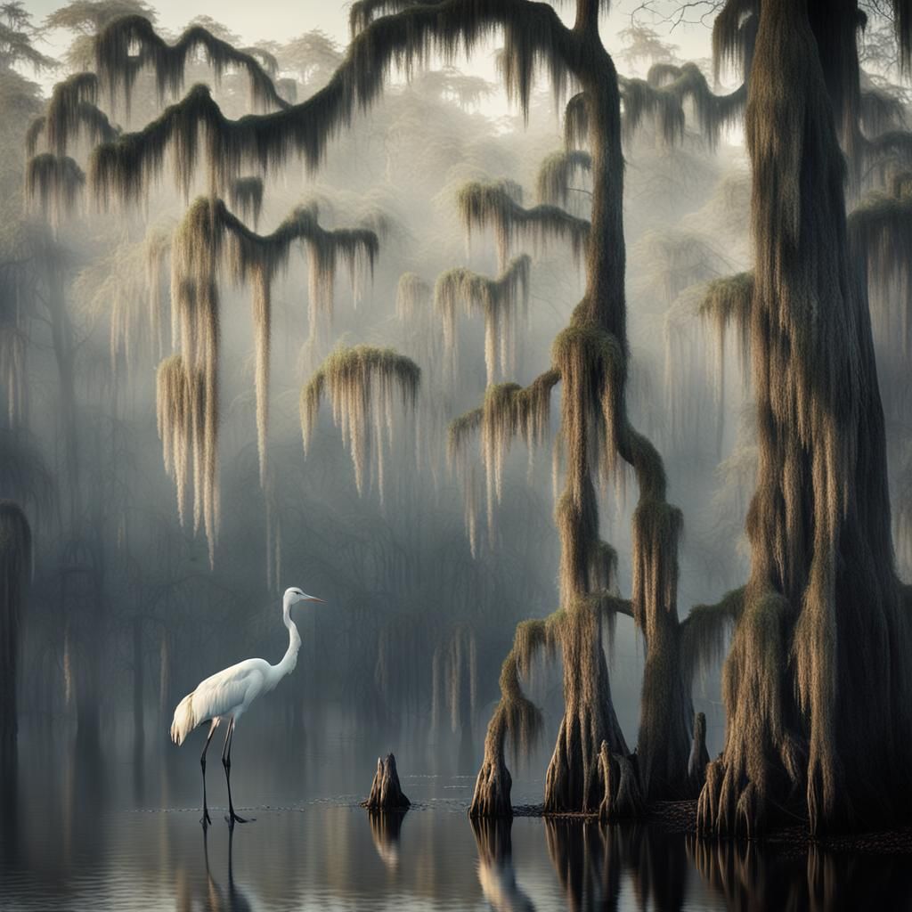 Ethereal White Crane in Foggy Swamp