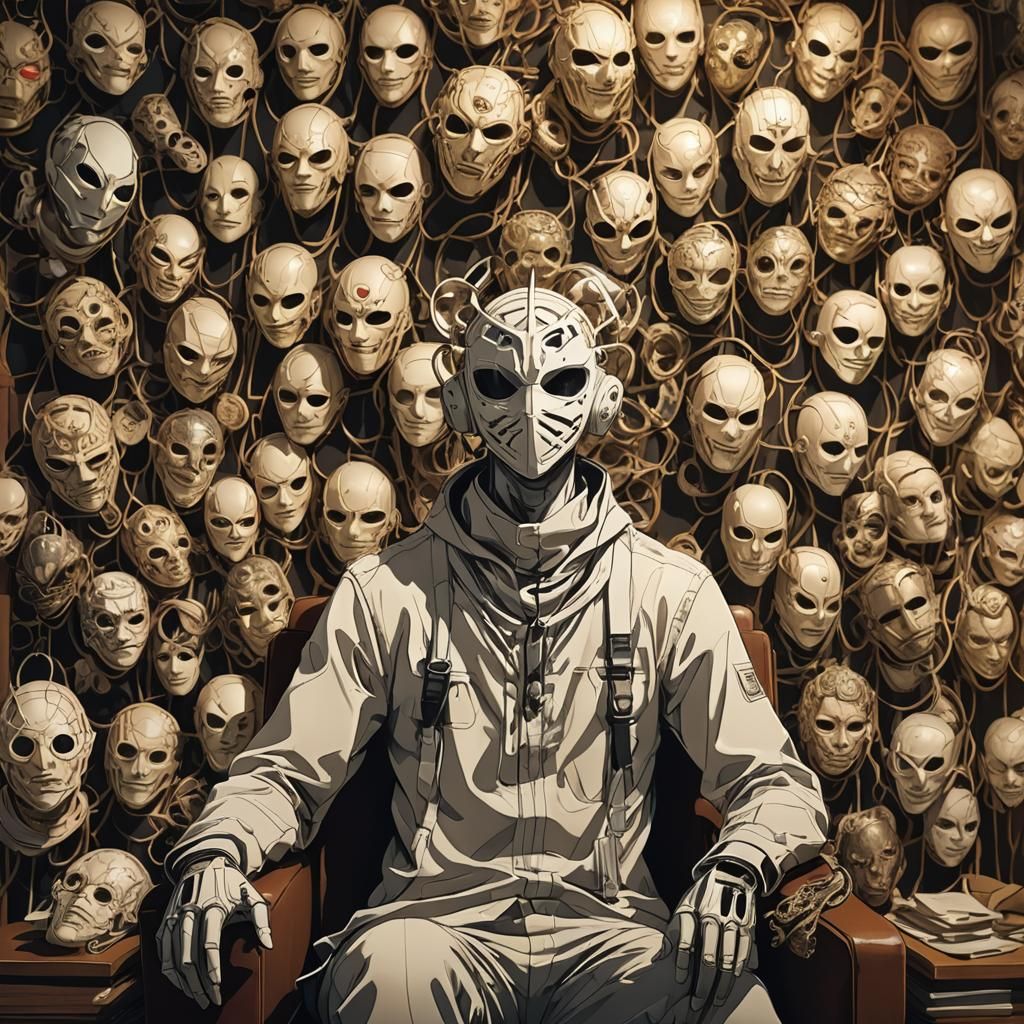 Man Changing Masks in Anime-Inspired Digital Art