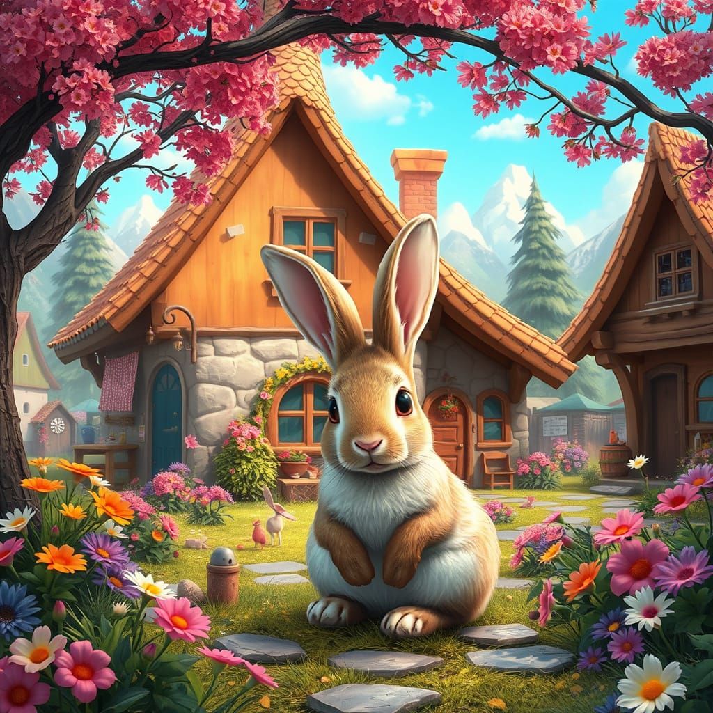 A whimsical and vibrant painting of a fairy tale village nam...