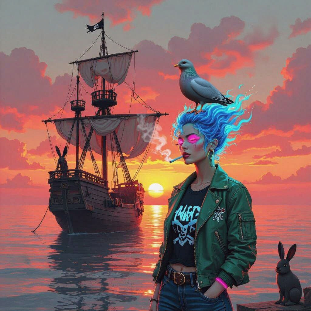 Pirate Ship Sunset With Woman in Dystopian Style