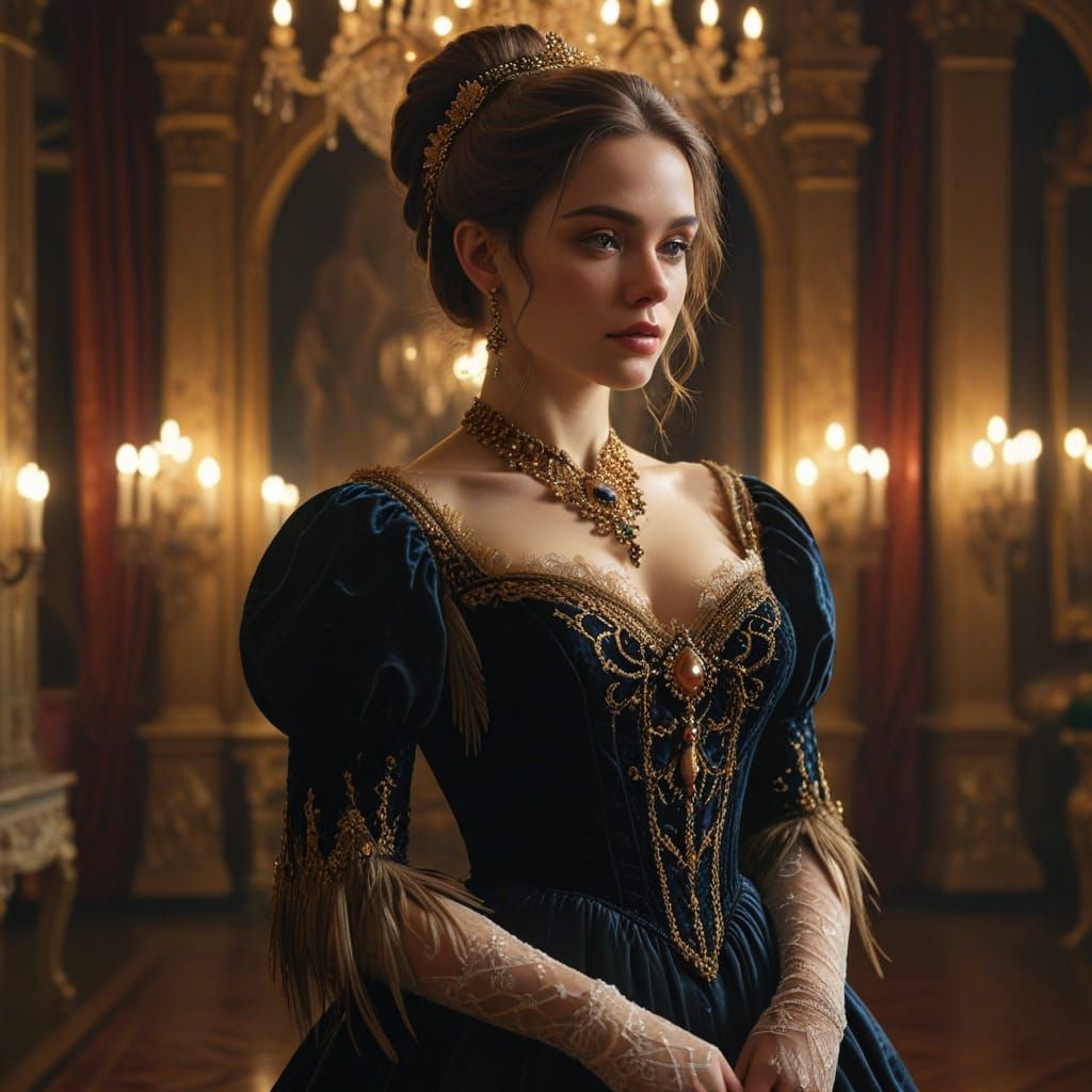 Aristocratic Woman in Ballroom: Victorian Oil Painting