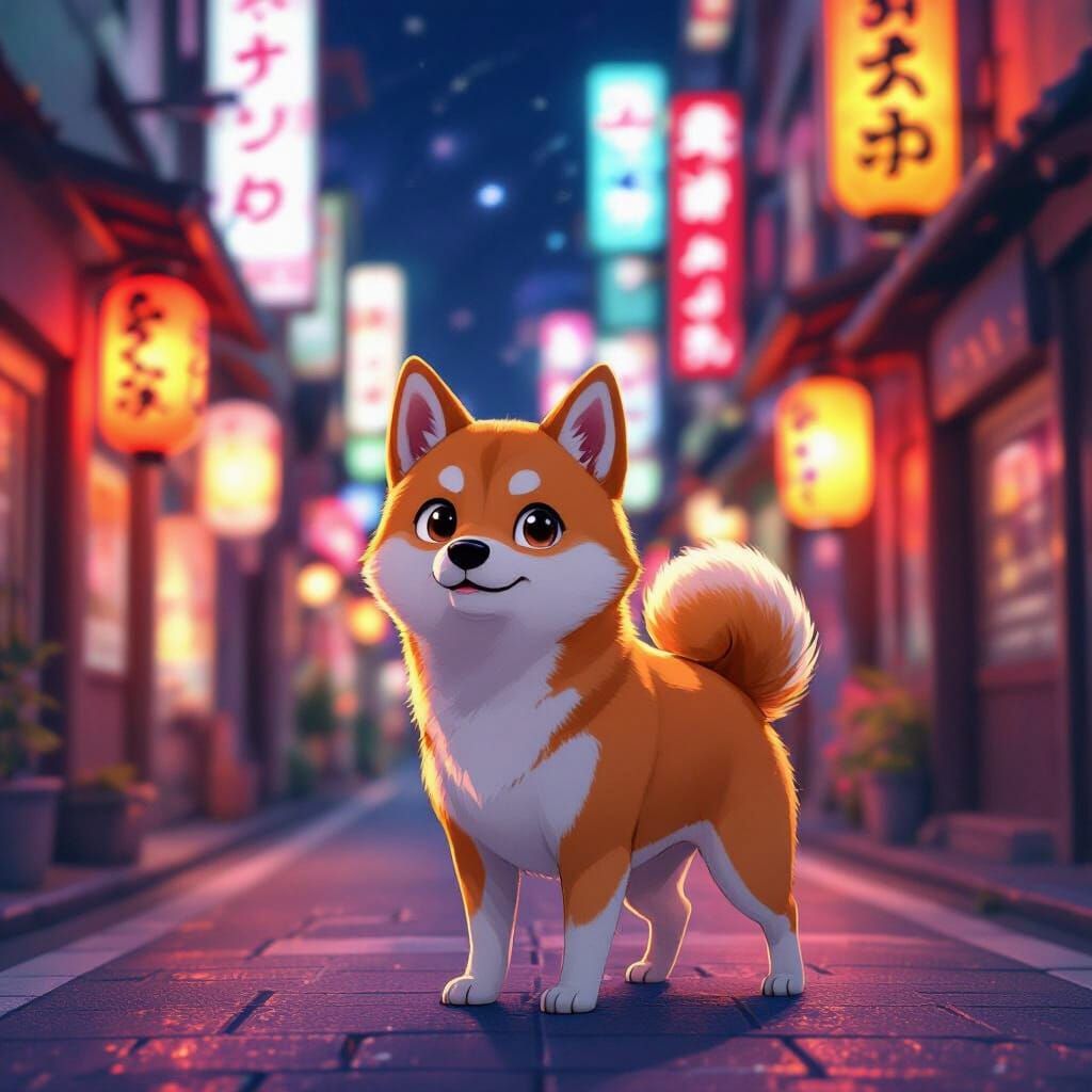 Cute Shiba Inu in Vibrant Japanese Streets Anime Style