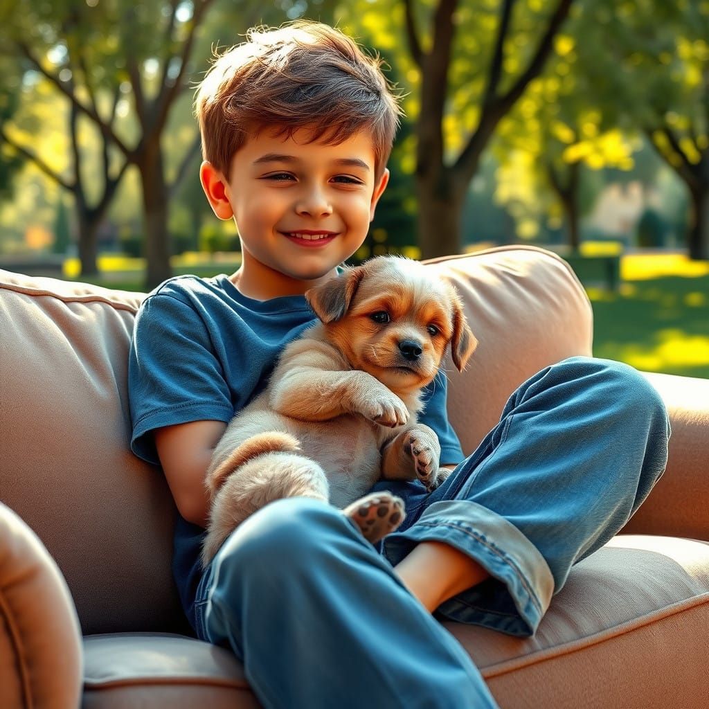 Joyful Boy and Puppy Bond in Heartwarming Scene