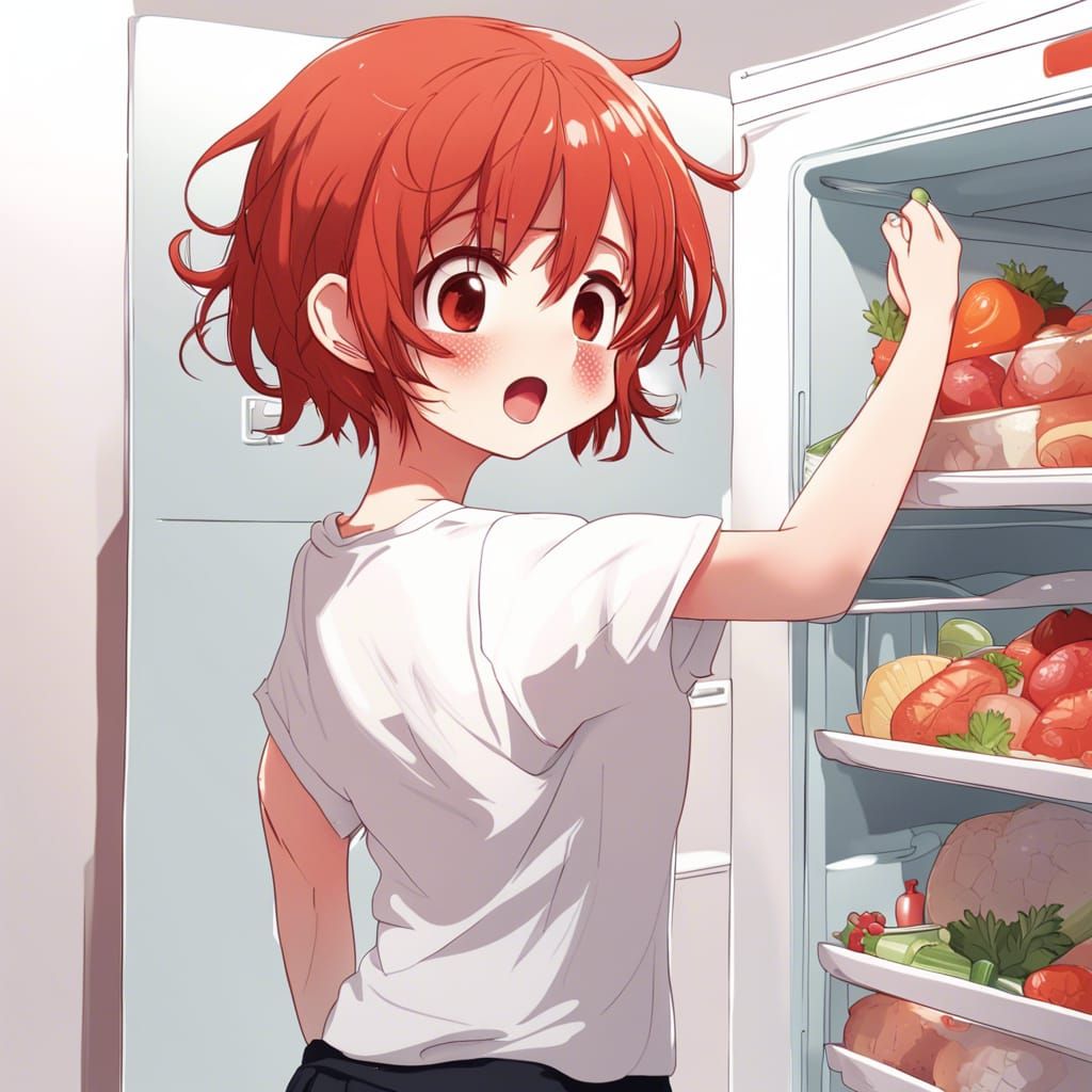 Cute Anime Girl Reaching into Fridge