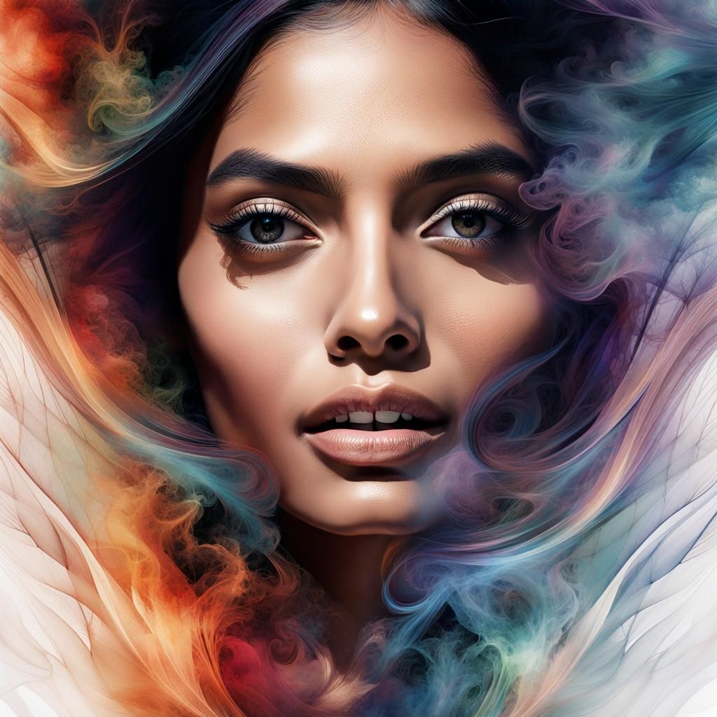Ethereal Watercolor Portrait with Fractal Lines