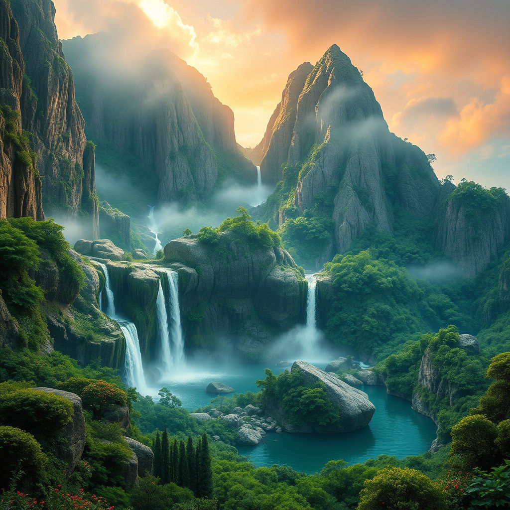 Mystical Forest Hand Mountain with Waterfall