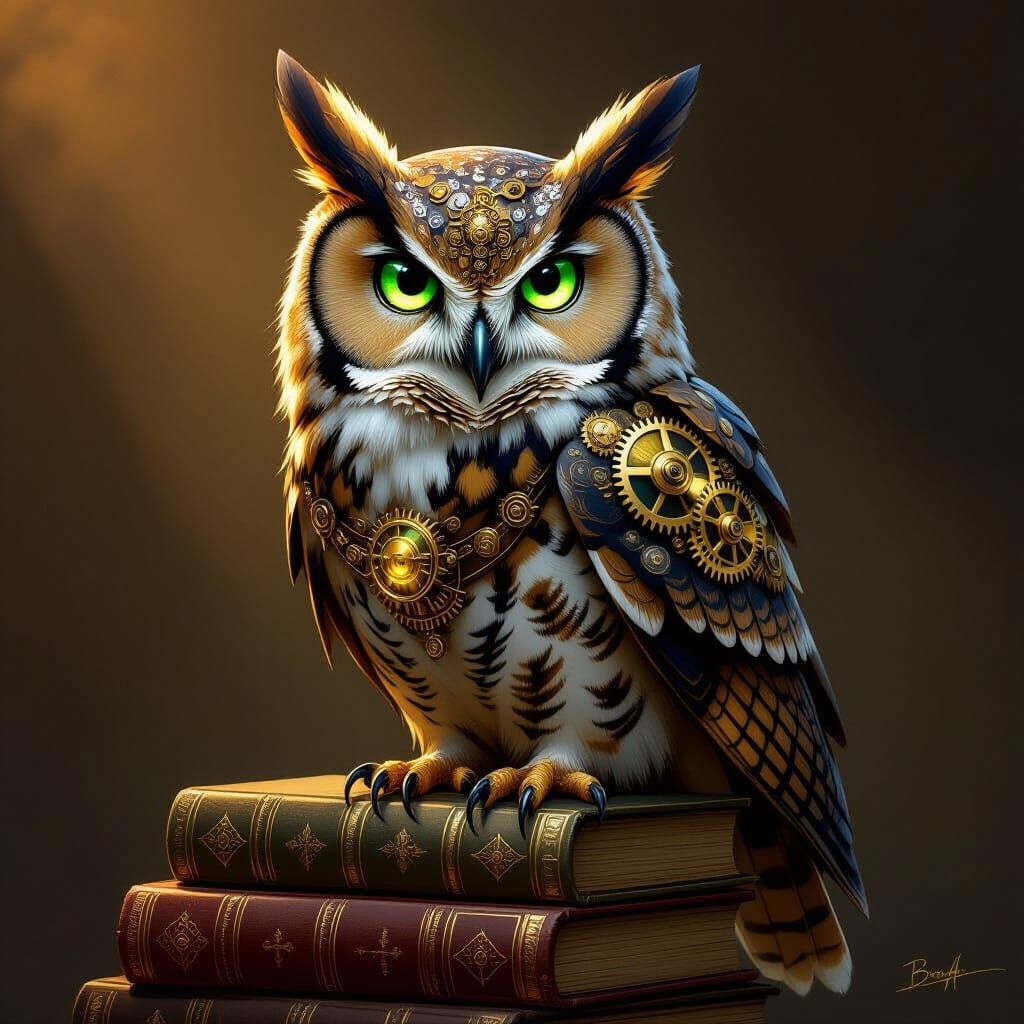 Steampunk Owl on Antique Books Digital Painting