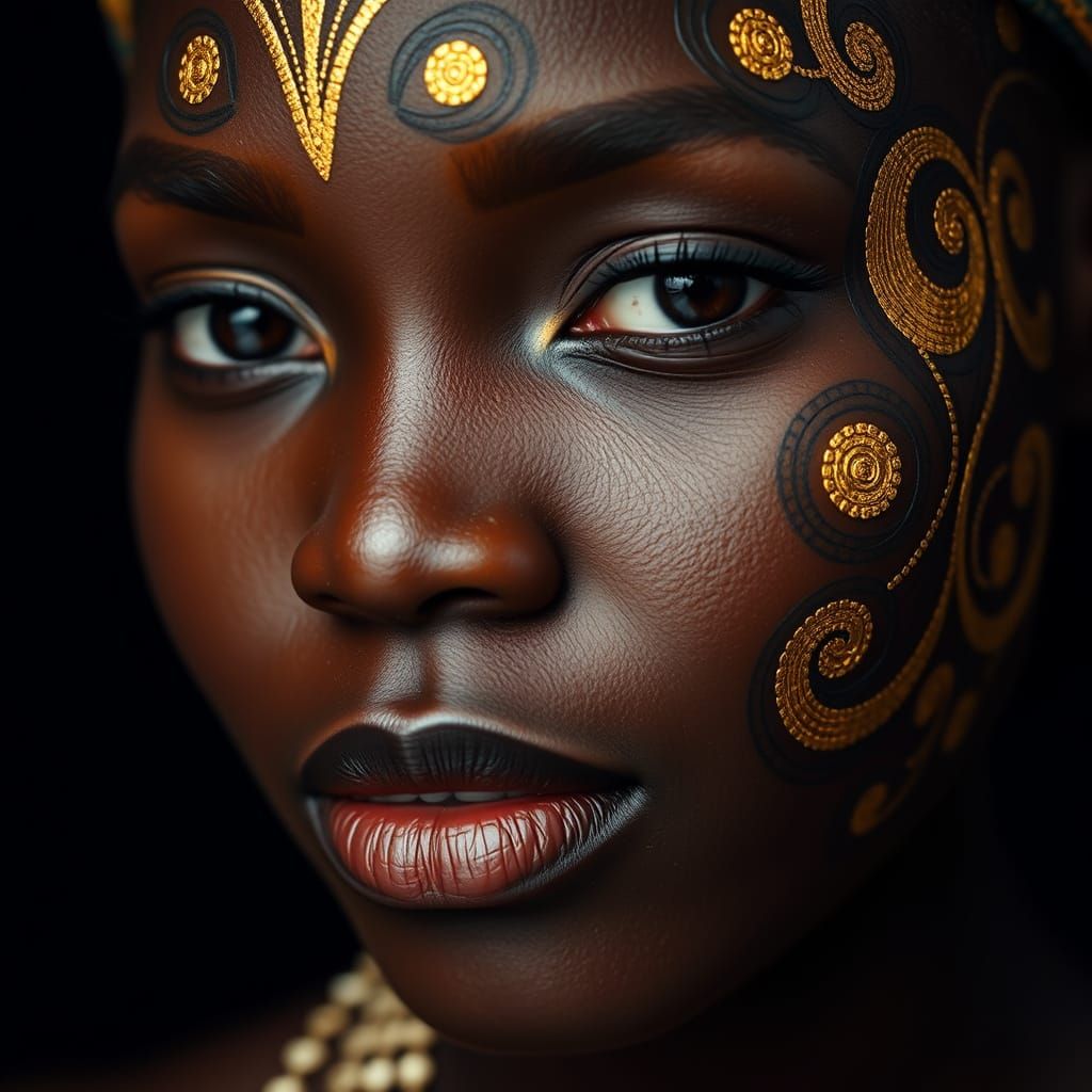 African Woman's Face Adorned with Gold Paint