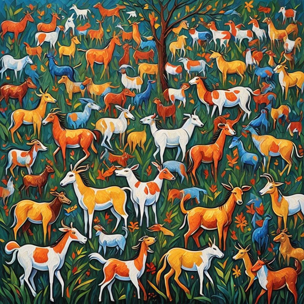 Animals in Neo-Impressionist Expressionist Oil Painting